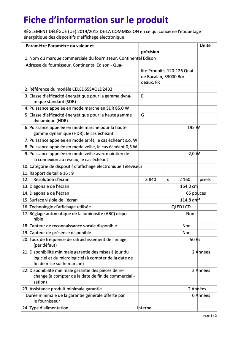 Page 1 de la notice Label énergétique Continental Edison CELED65SAQLD24B3