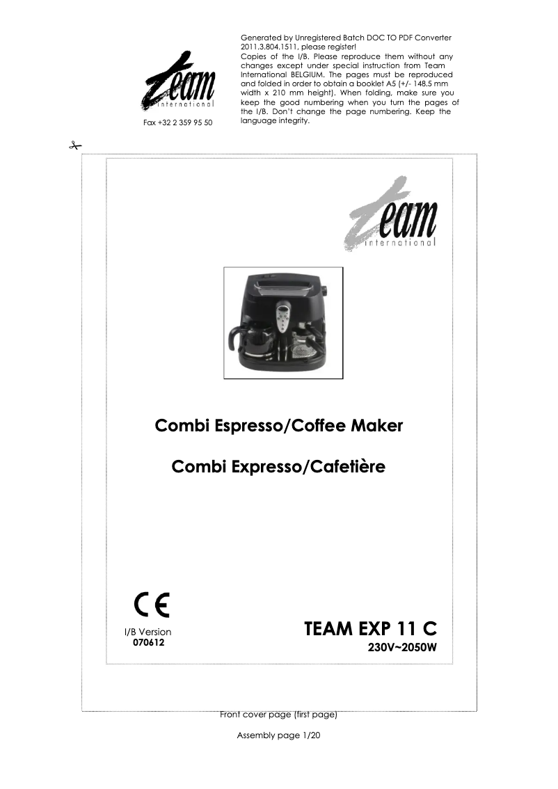 Page 1 de la notice Manuel utilisateur Team EXP 11 C