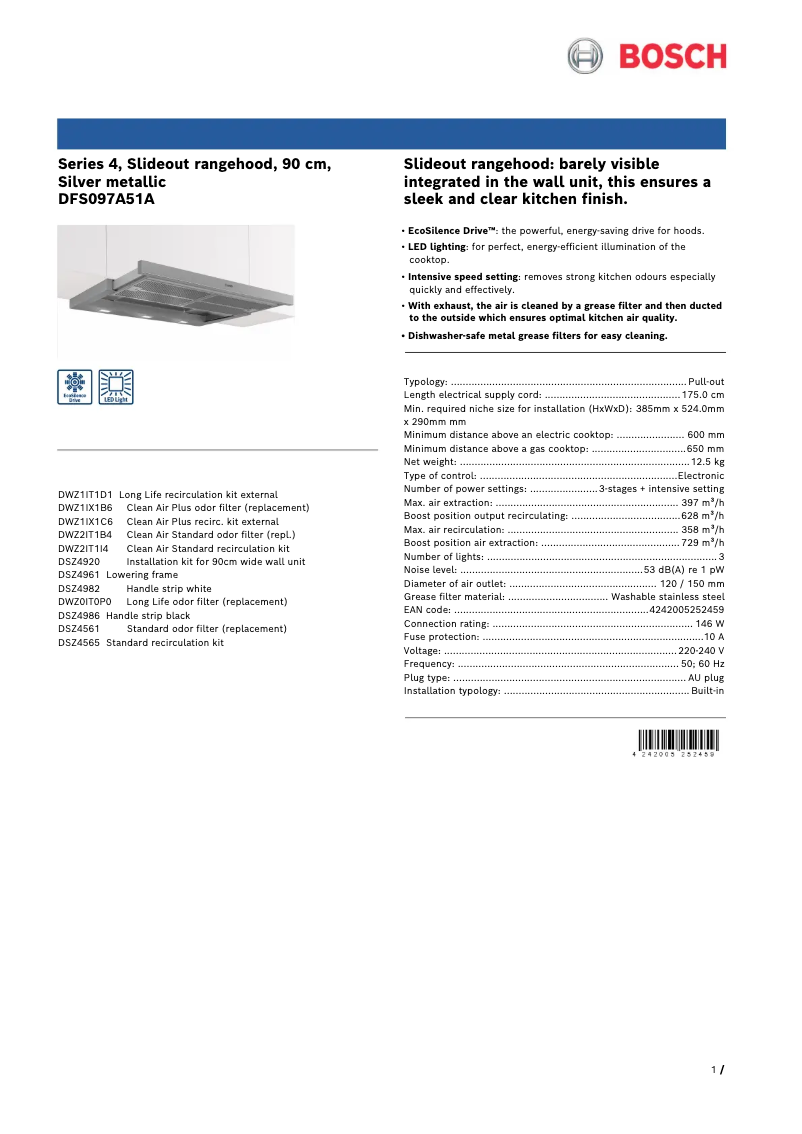 Page 1 of the manual Technical Sheet Bosch DFS097A51A