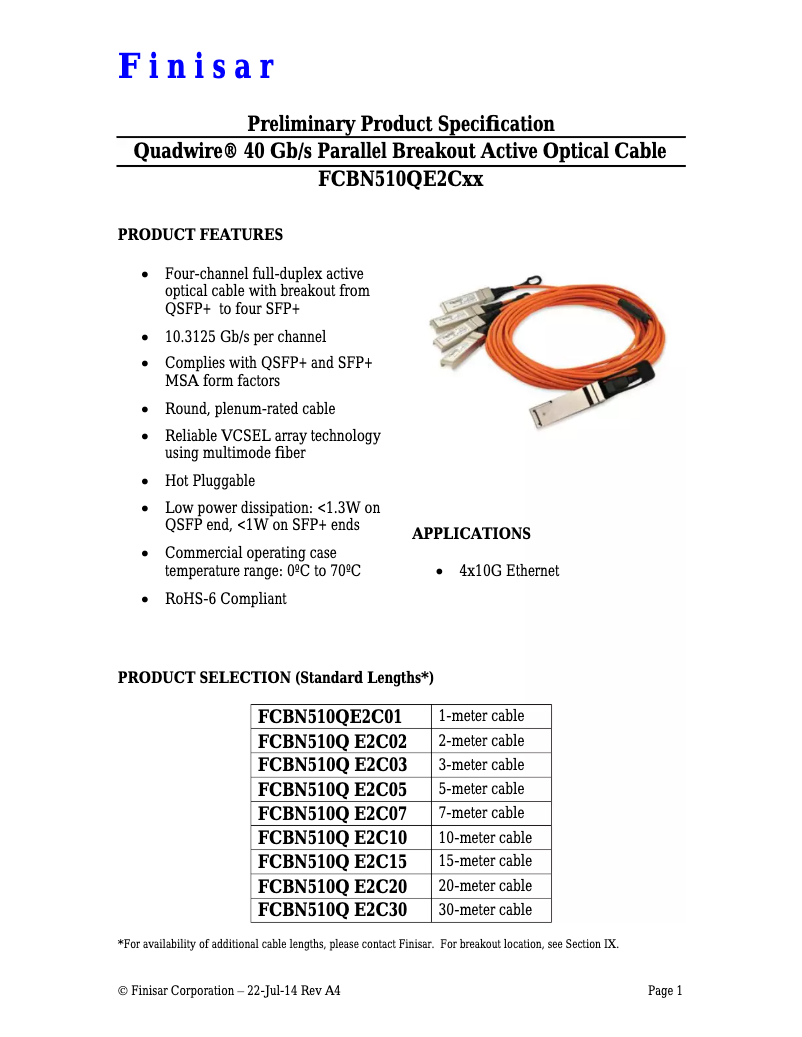 Page 1 de la notice Manuel utilisateur Finisar FCBN510QE2C05