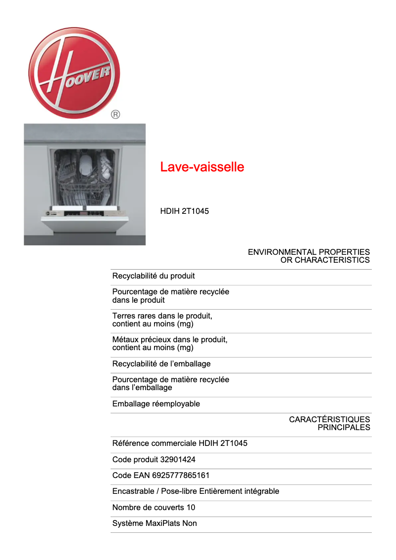 Page 1 de la notice Fiche technique Hoover Dynamic HDI 2T1045