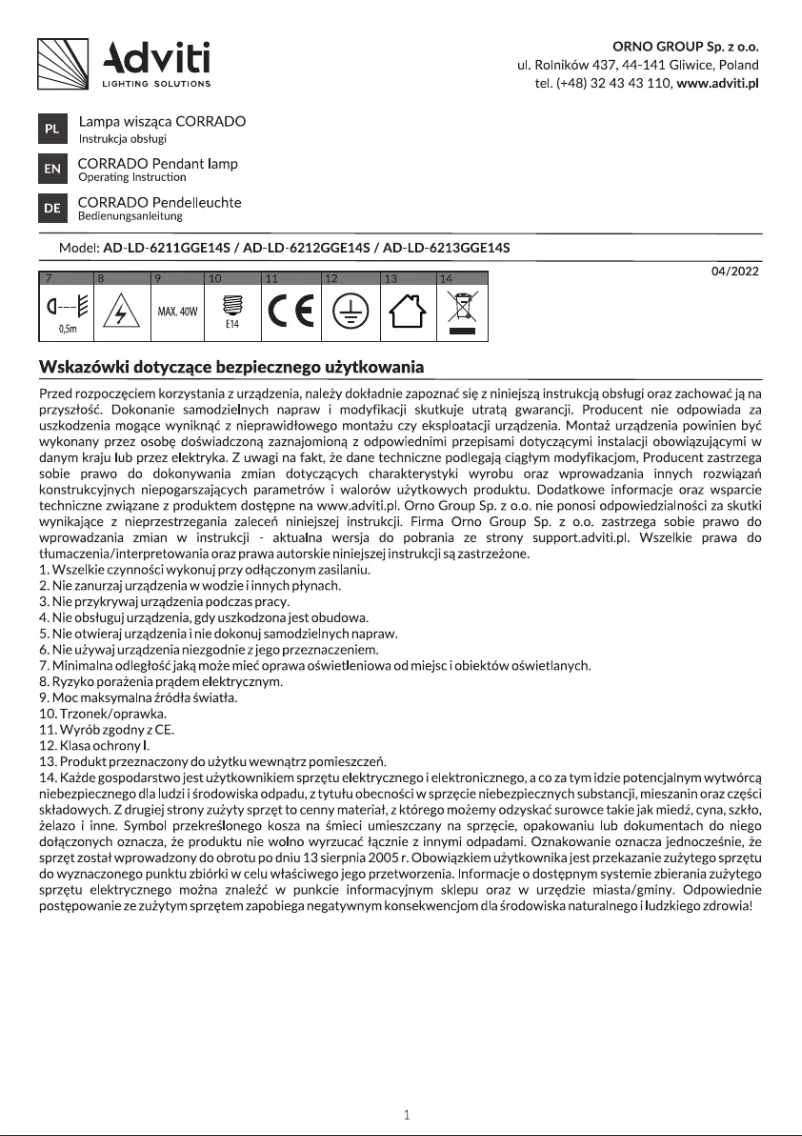 Page 1 de la notice Manuel utilisateur Adviti AD-LD-6211GGE14S