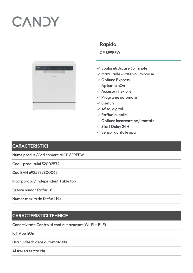 Page 1 of the manual Technical Sheet Candy CP 8F9FFW