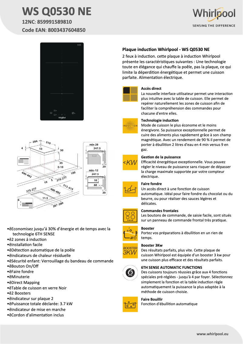 Página 1 del manual Ficha técnica Whirlpool WS Q0530 NE