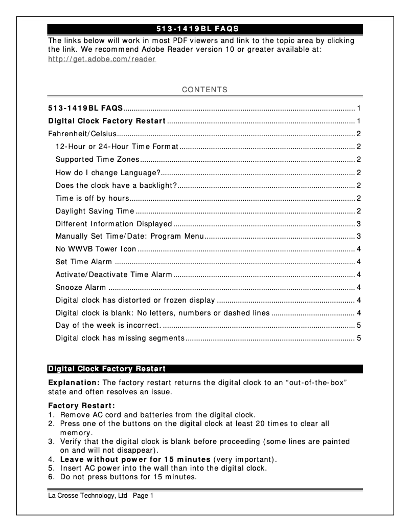 Page 1 de la notice FAQ La Crosse Technology 513-1419BL
