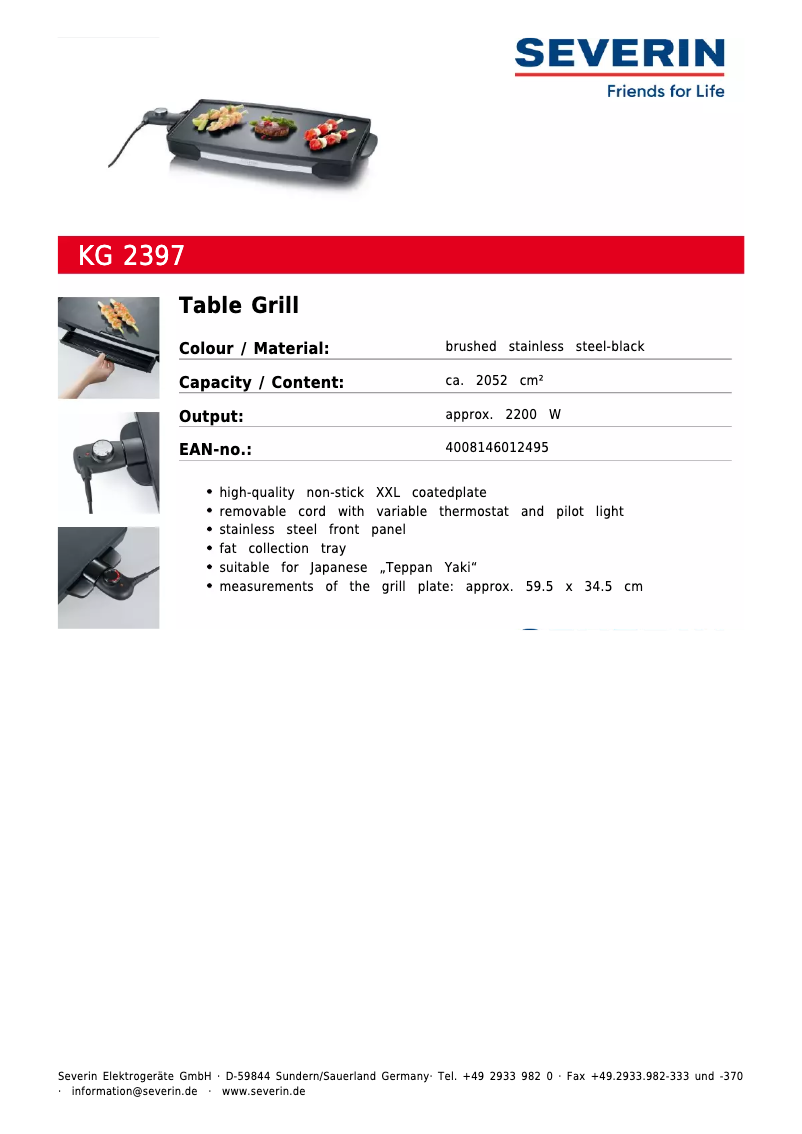 Page 1 de la notice Fiche technique Severin KG 2397
