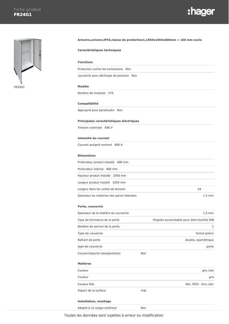 Página 1 del manual Ficha técnica Hager FR24G1