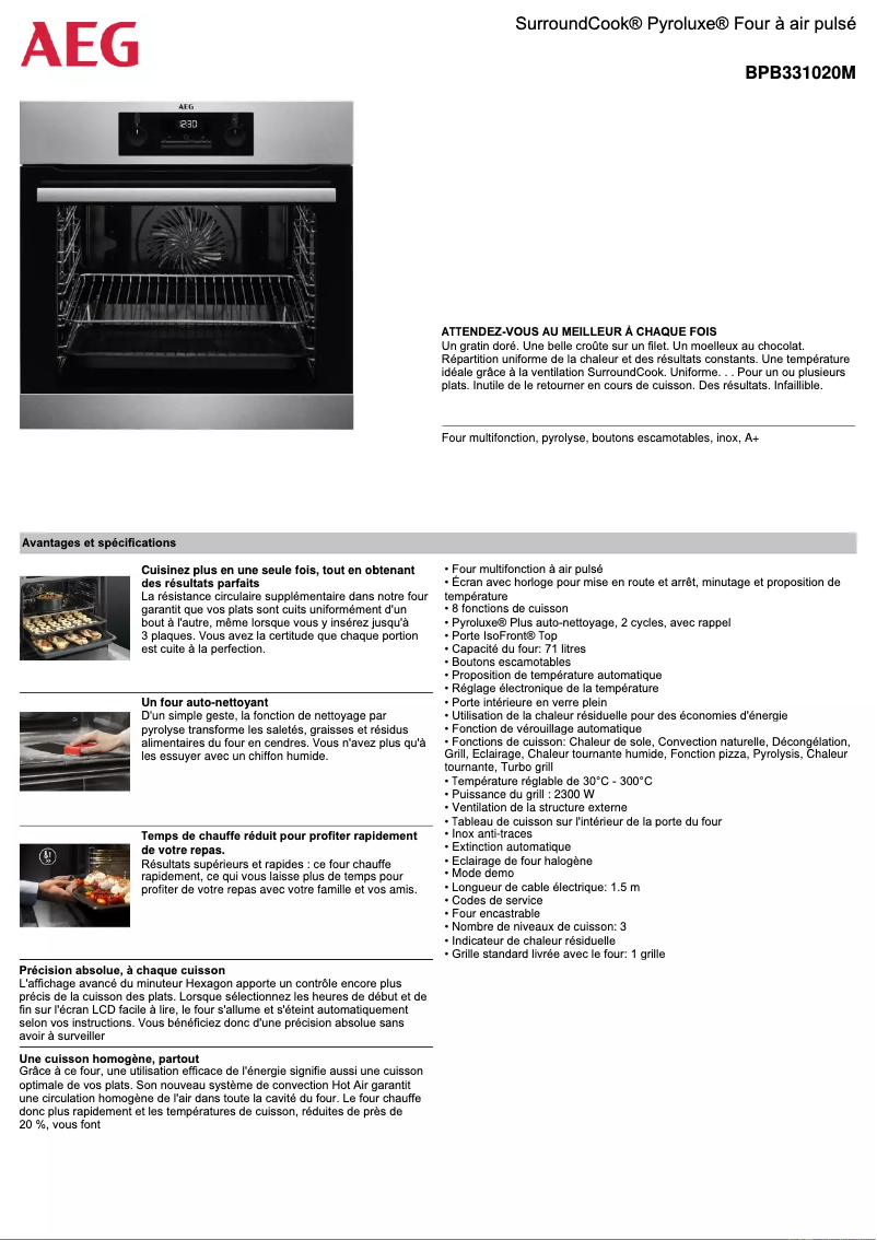 Page 1 de la notice Fiche technique AEG BPB331020M
