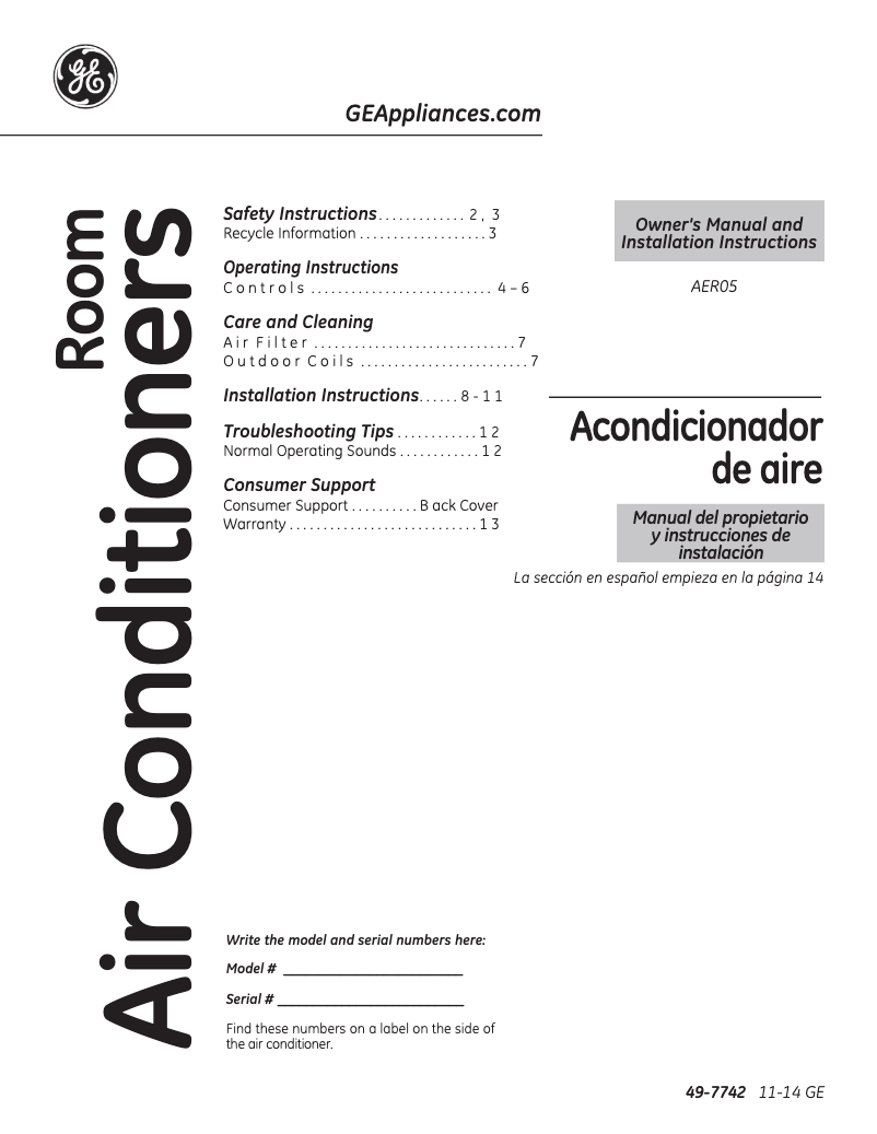 Página 1 del manual Manual de uso y mantenimiento GE AER05LT