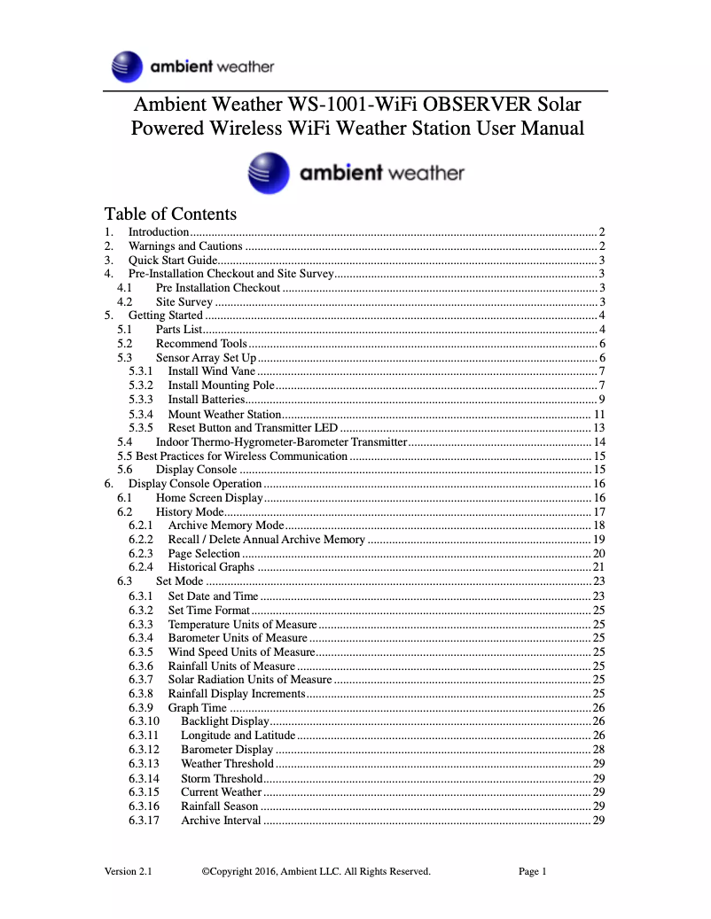 Page 1 de la notice Manuel utilisateur Ambient Weather WS-1001-WiFi