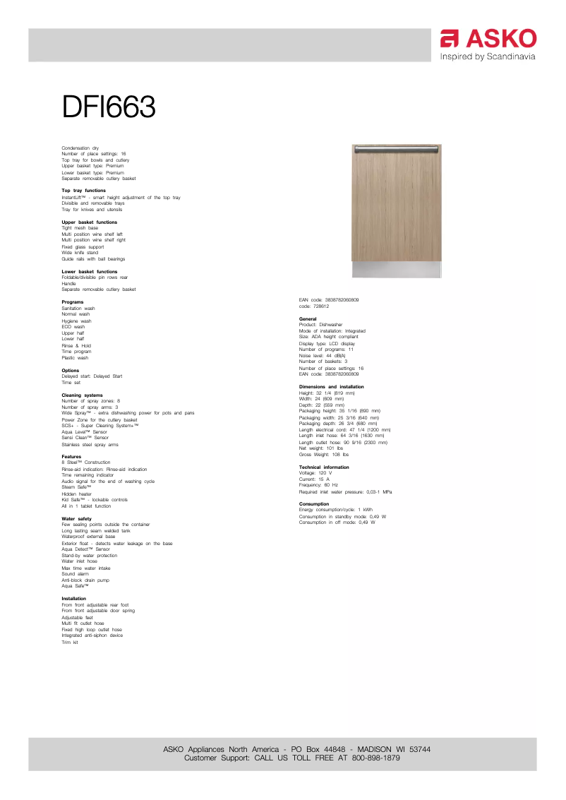 Page 1 de la notice Fiche technique Asko DFI663