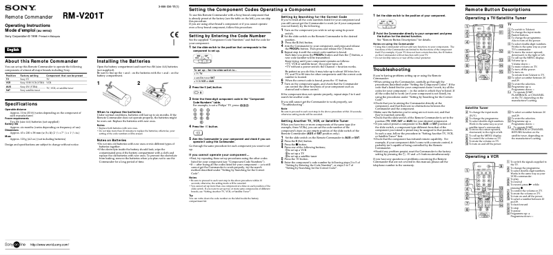 Page 1 de la notice Manuel utilisateur Sony RM-V201T