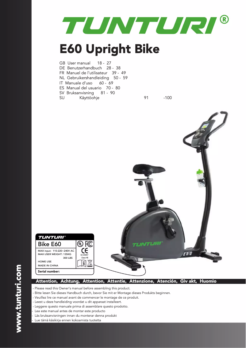 Page 1 de la notice Manuel utilisateur Tunturi Performance E60