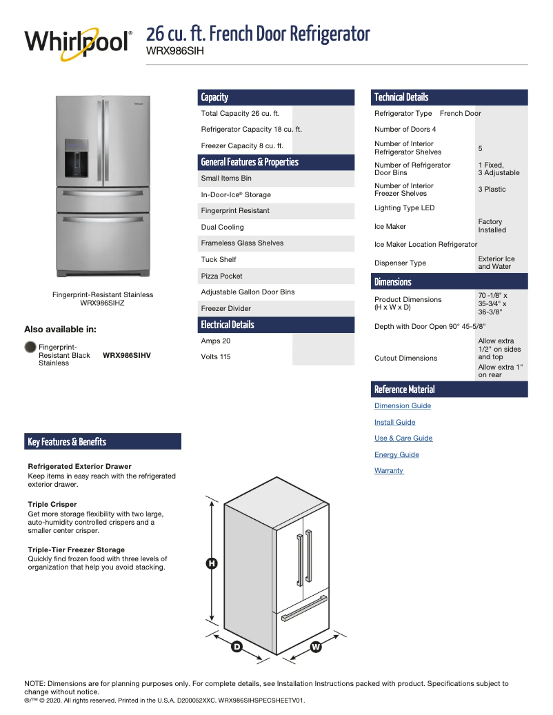 Page 1 of the manual Technical Sheet Whirlpool WRX986SIHZ