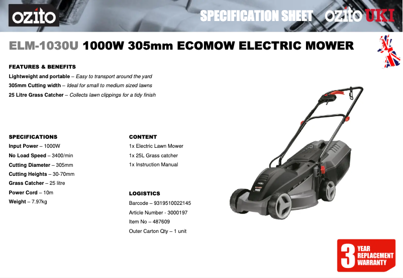 Page 1 de la notice Fiche technique Ozito ELM-1030U