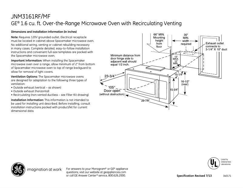 Page n°1 - Fiche technique GE JNM3161MFSA