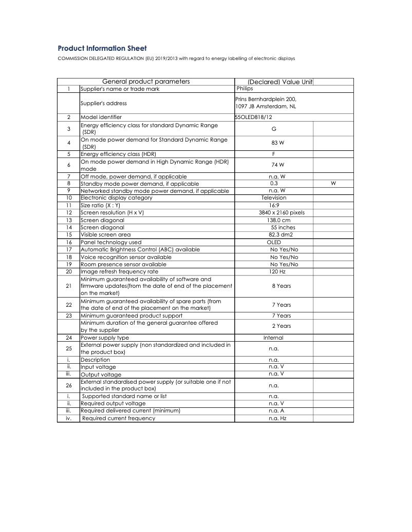 Page 1 de la notice Fiche technique Philips 55OLED818