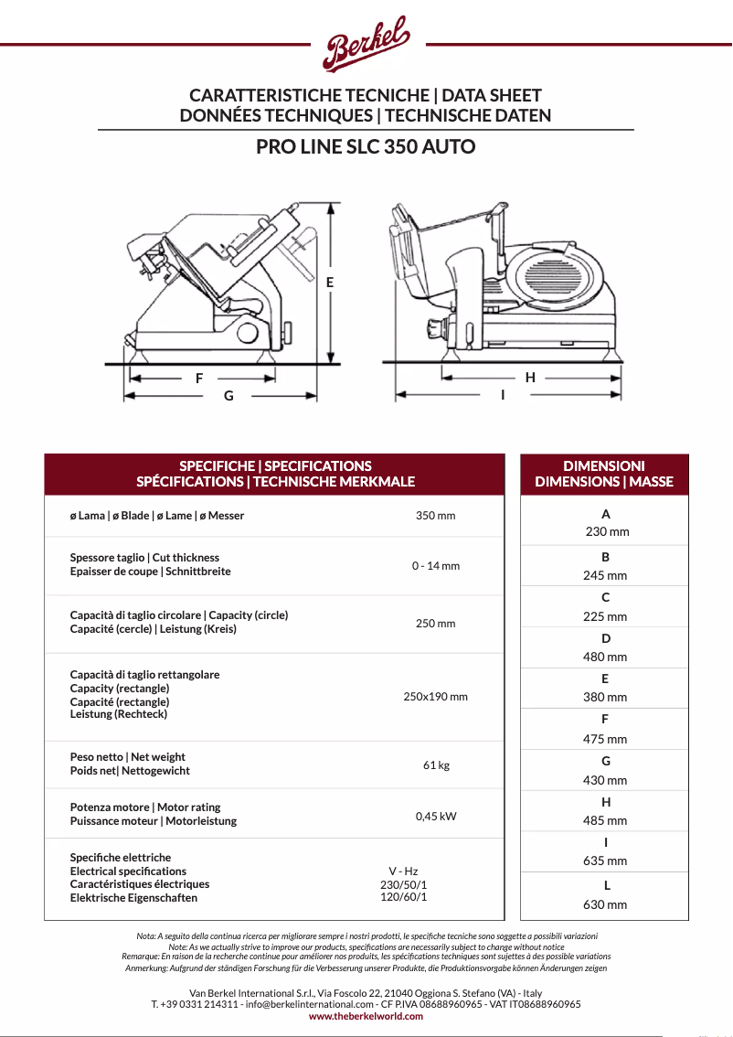 Página 1 del manual Ficha técnica Berkel Pro Line SLC 350 Auto