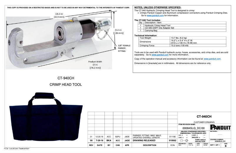 Page 1 de la notice Dessin technique Panduit CT-940CH