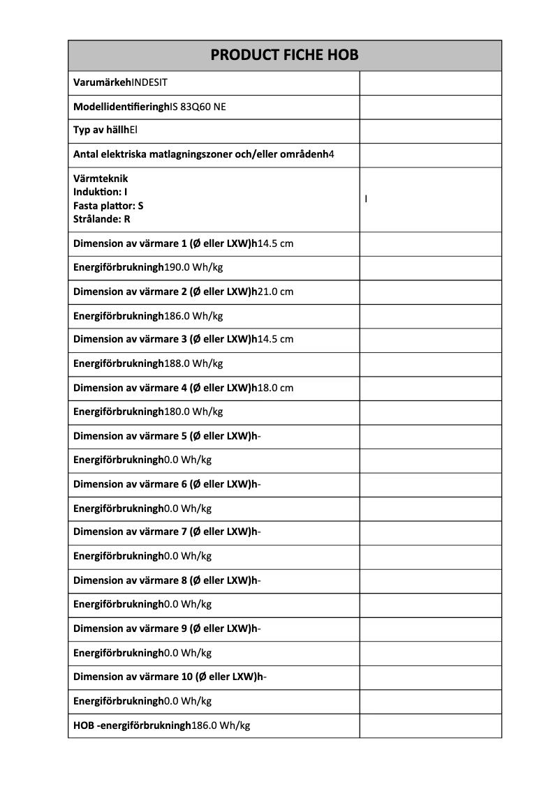 Page n°1 - Label énergétique Indesit IS 83Q60 NE