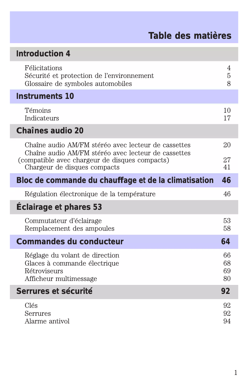Page 1 de la notice Manuel utilisateur Lincoln Town Car (2002)