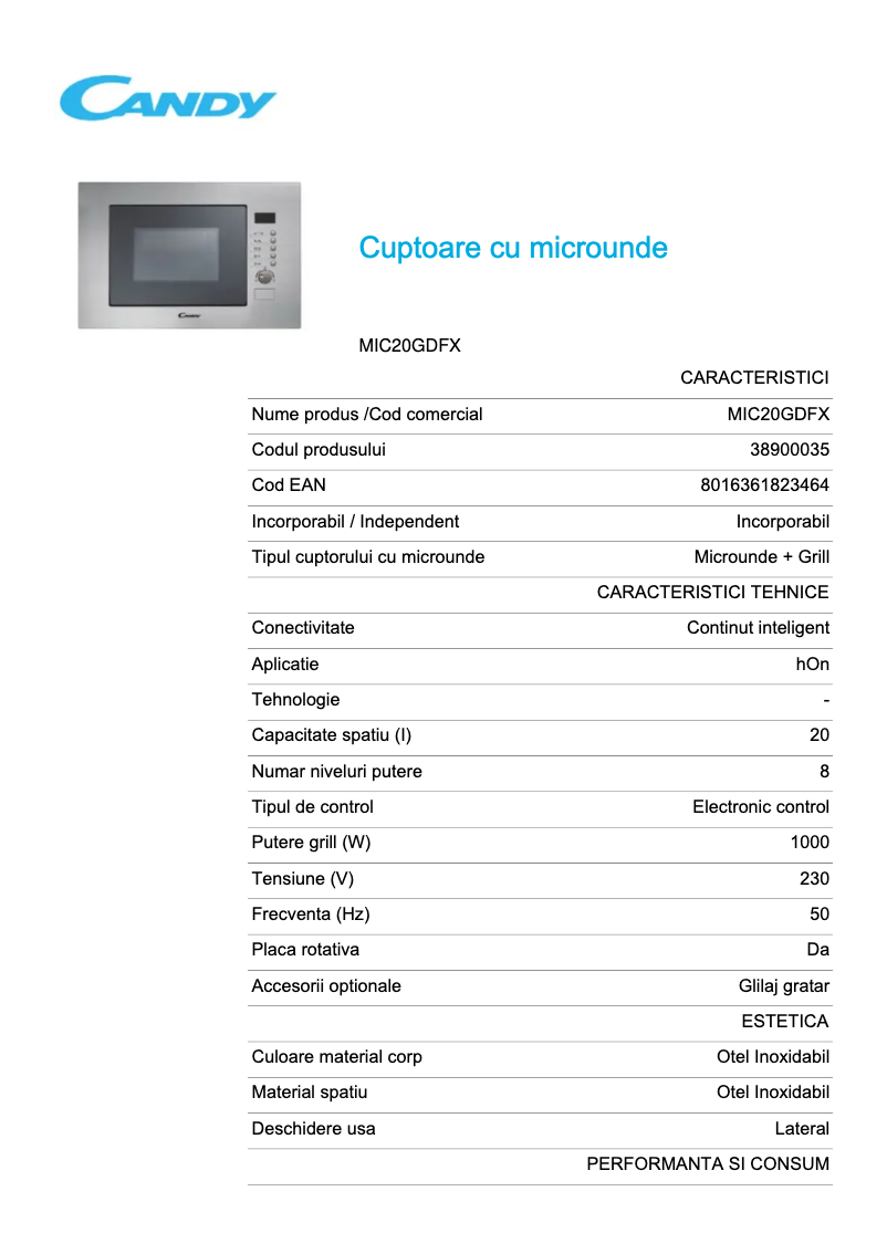 Page 1 de la notice Fiche technique Candy MIC 20 GDFX