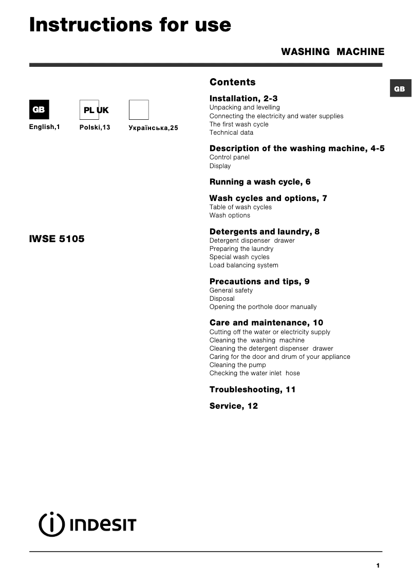 Página 1 del manual Manual de usuario Indesit IWSE 5105 B