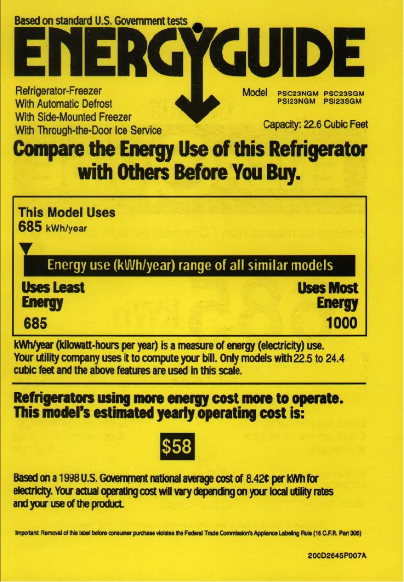 Page n°1 - Label énergétique GE PSC23NGMCC