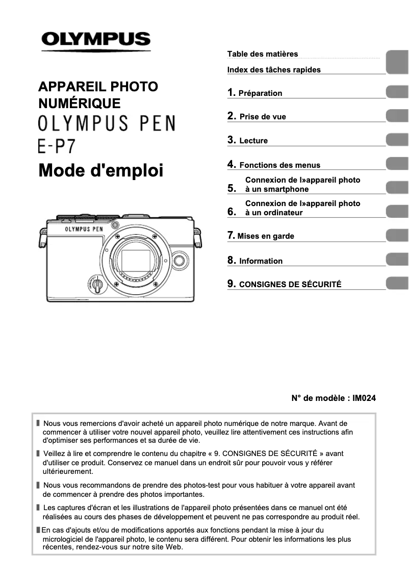 Page 1 de la notice Manuel utilisateur Olympus PEN E‑P7