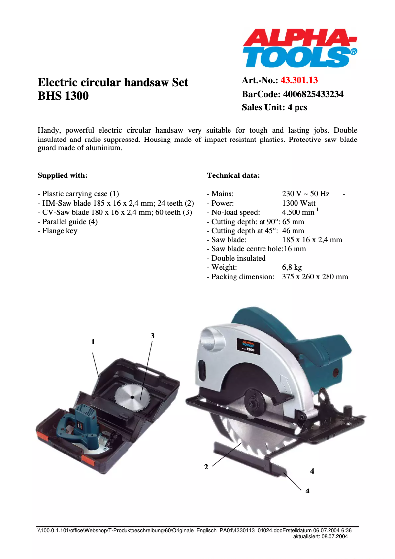 Page 1 de la notice Fiche technique Alpha Tools BHS 1300