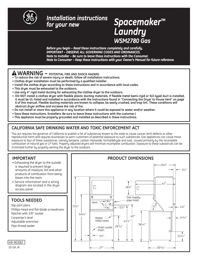 Page 1 de la notice Guide d'installation GE WSM2780DWW