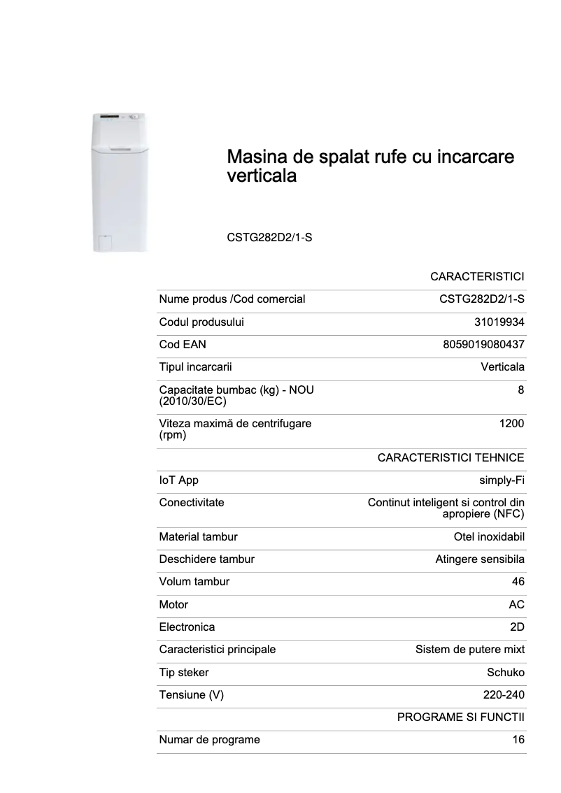 Página 1 del manual Ficha técnica Candy CSTG282D2/1-S