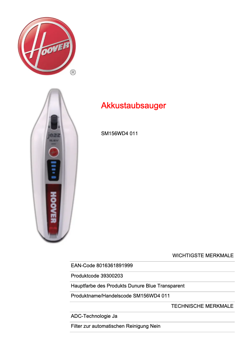 Page 1 de la notice Fiche technique Hoover SM120WD4 011