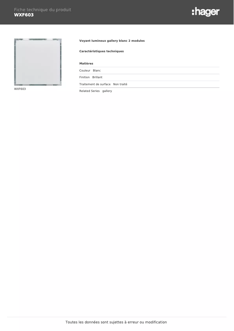 Page 1 de la notice Fiche technique Hager WXF603