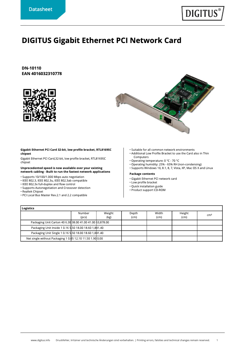 Page 1 of the manual Technical Sheet Digitus DN-10110