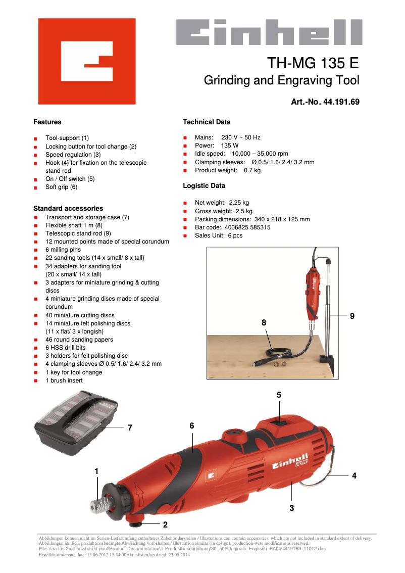 Page 1 de la notice Fiche technique Einhell TH-MG 135 E