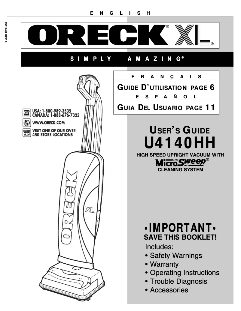 Página 1 del manual Manual de usuario Oreck XL ProPlus1 U4140