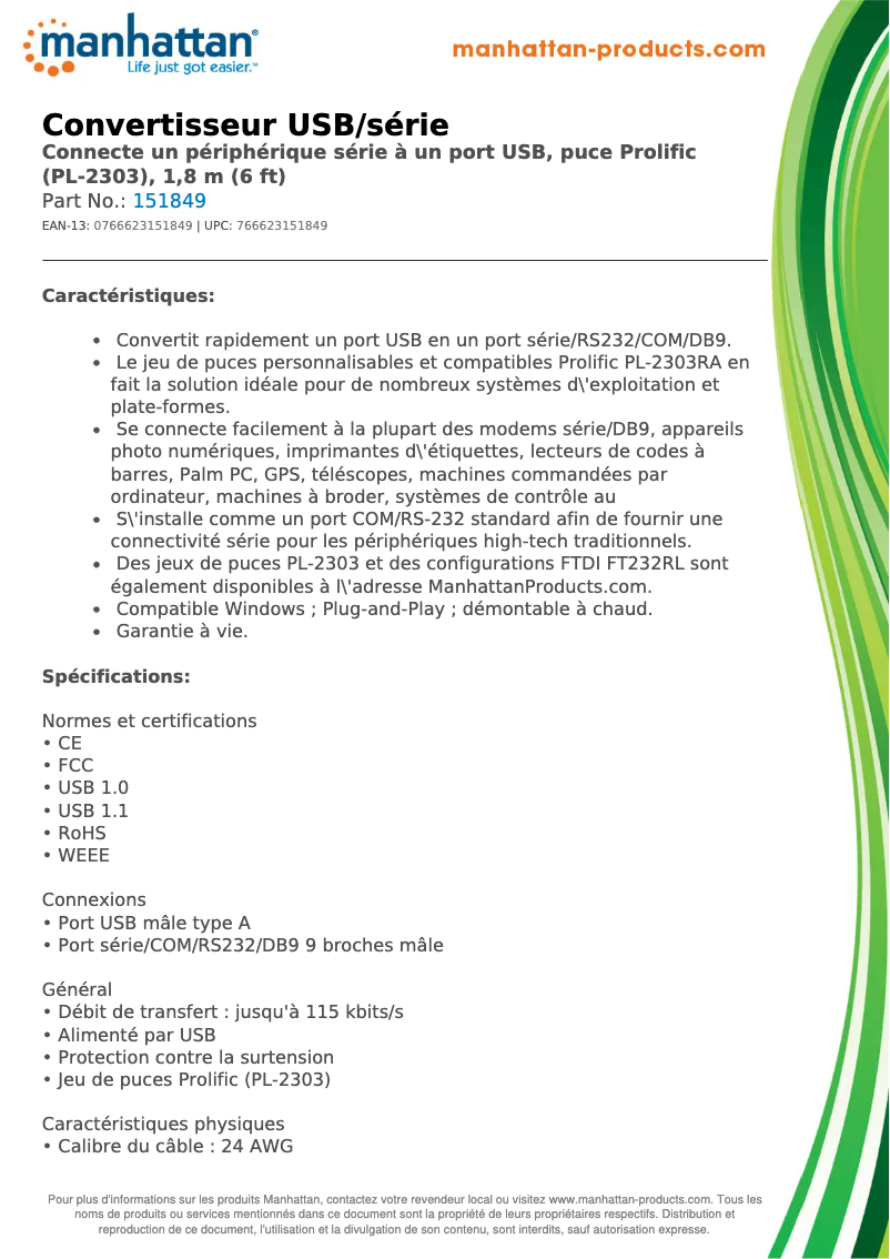 Page 1 de la notice Fiche technique Manhattan 151849
