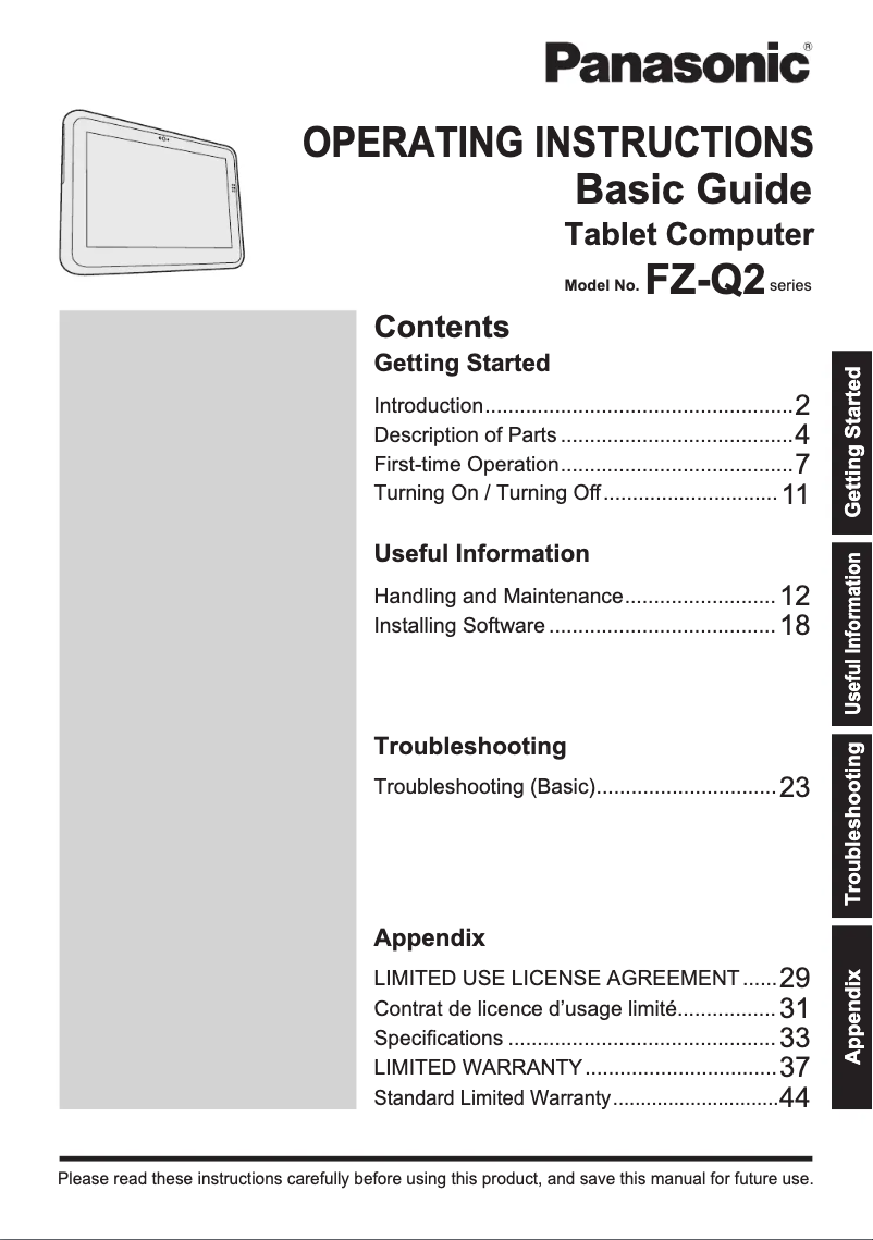 Page 1 de la notice Manuel utilisateur Panasonic Toughbook FZ-Q2