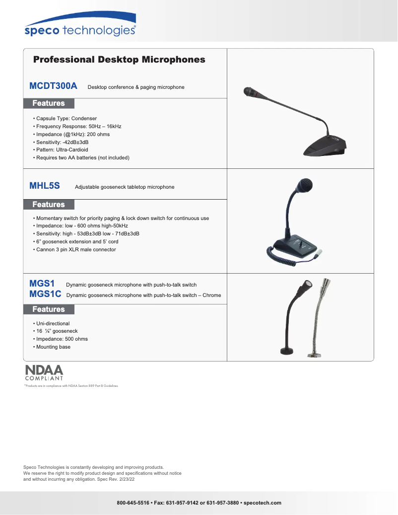 Page 1 de la notice Fiche technique Speco Technologies MHL5S