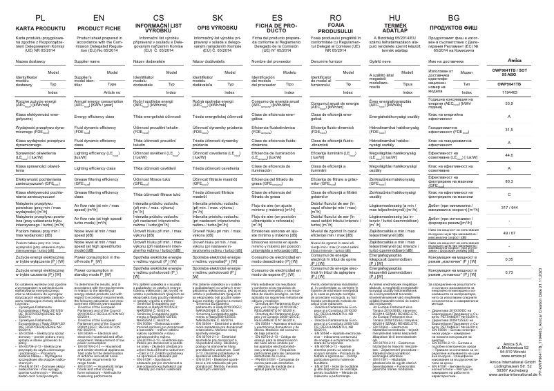 Page 1 de la notice Fiche technique Amica OWP9641TB