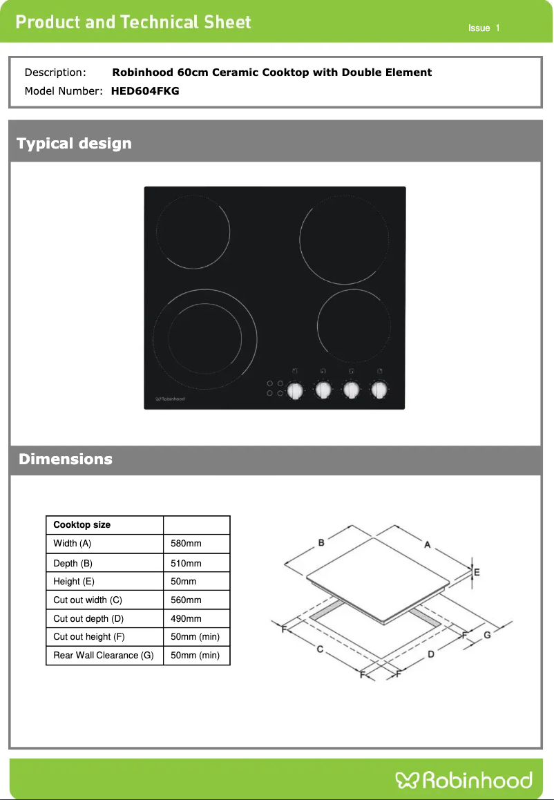 Page 1 de la notice Fiche technique Robinhood HED604FKG