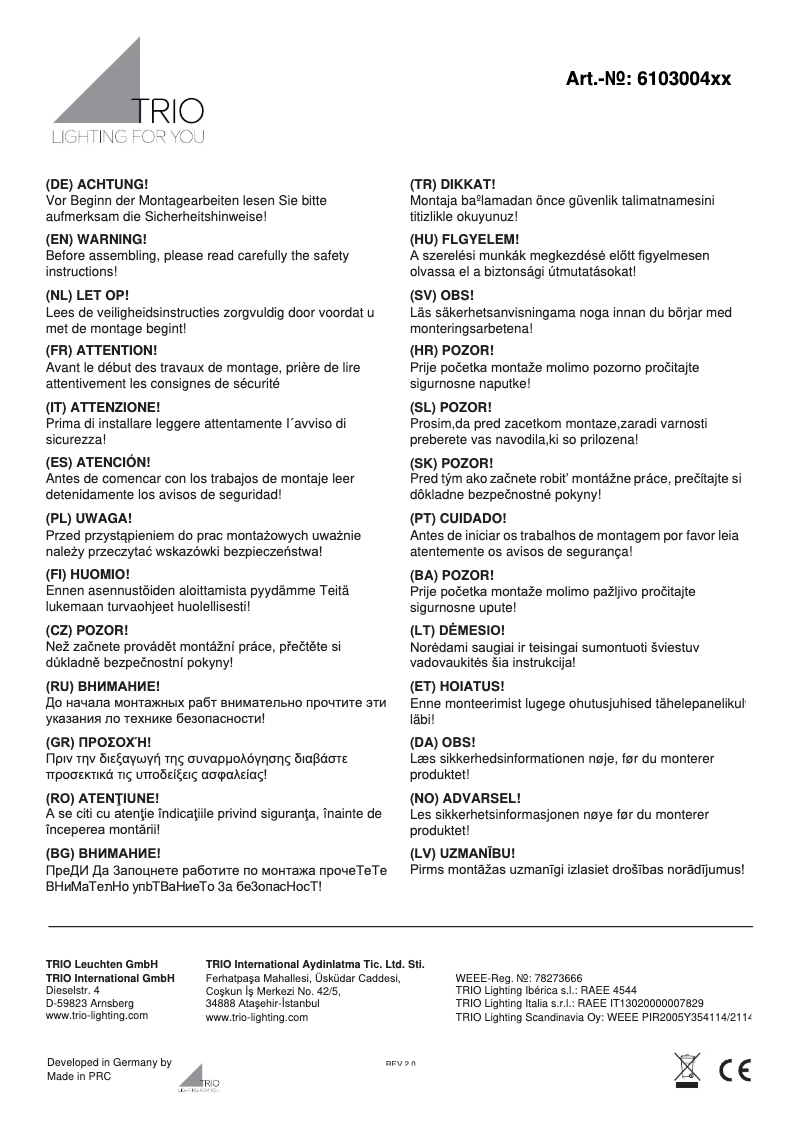 Page 1 de la notice Manuel utilisateur Trio Lighting Napoli 610300428