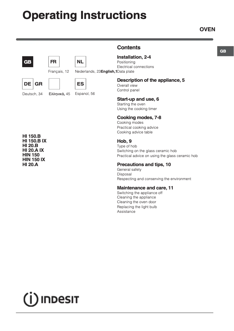 Page n°1 - Manuel utilisateur Indesit HIN150