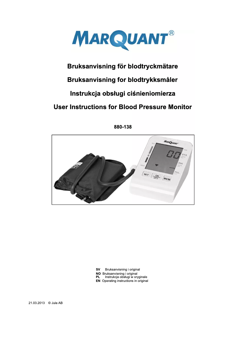 Page 1 de la notice Manuel utilisateur Marquant 880-138