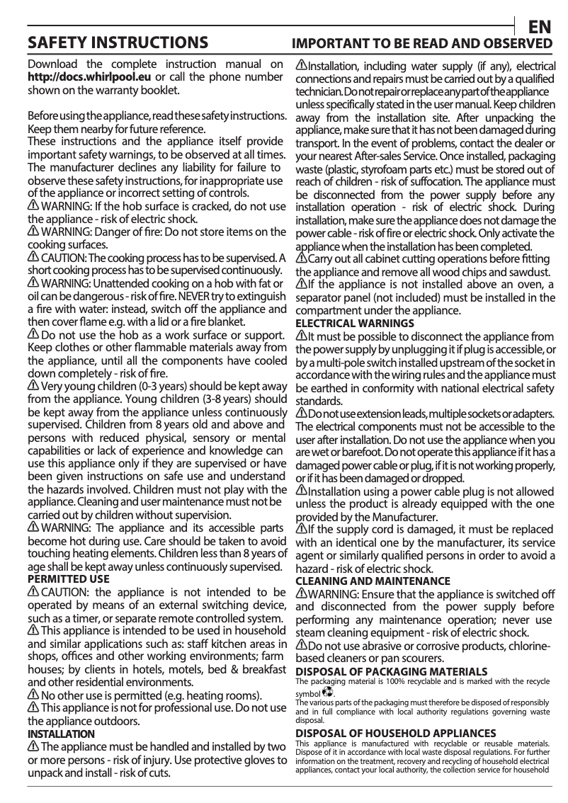 Page 1 de la notice Guide d'installation Whirlpool AKT 8900 BA