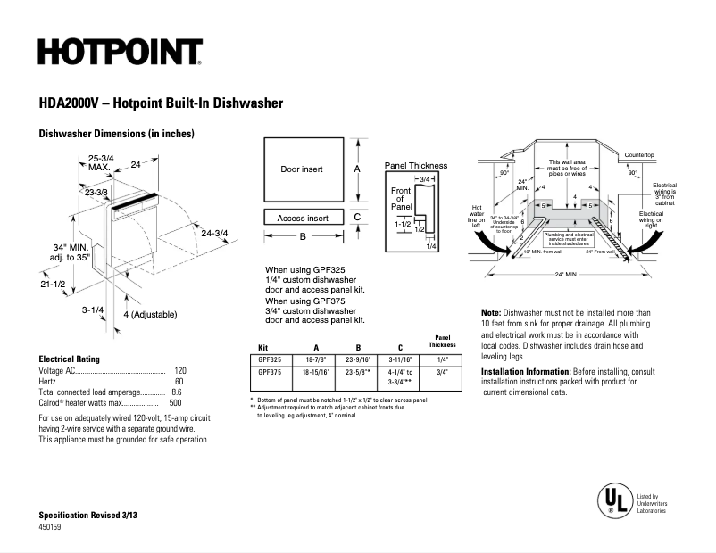 Page 1 de la notice Fiche technique Hotpoint HDA2000VWW