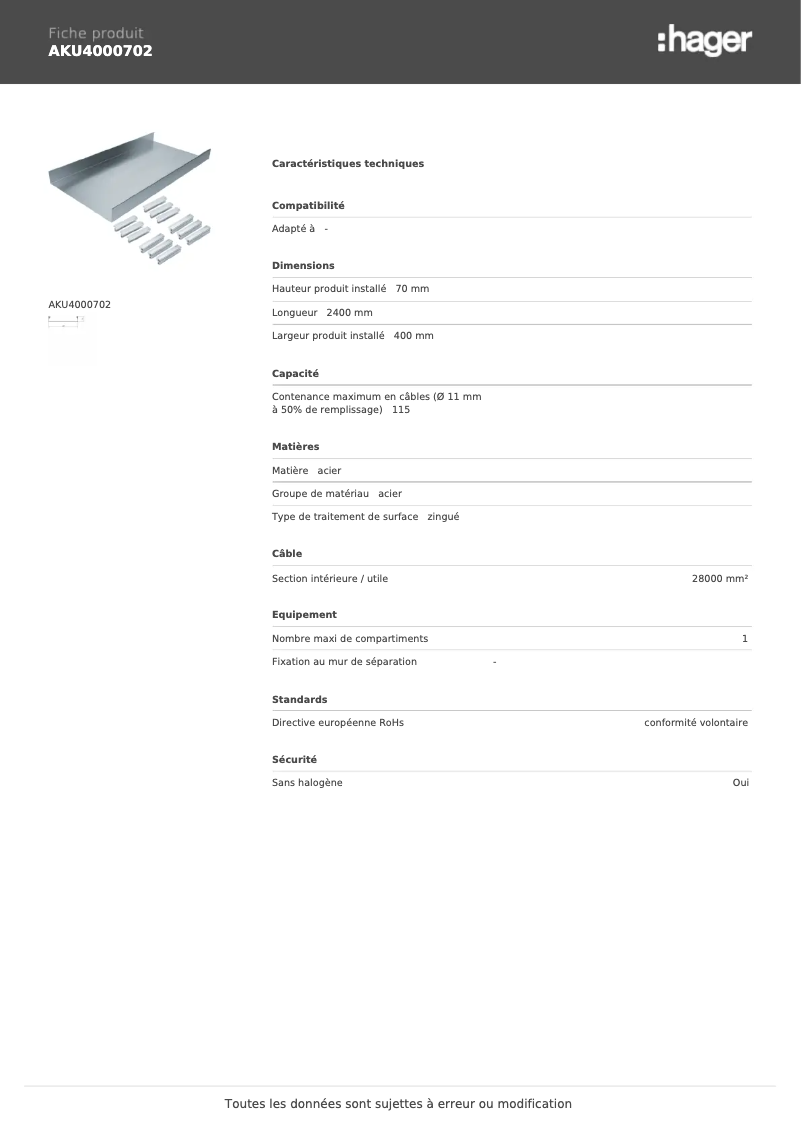 Page 1 de la notice Manuel utilisateur Hager AKU4000702