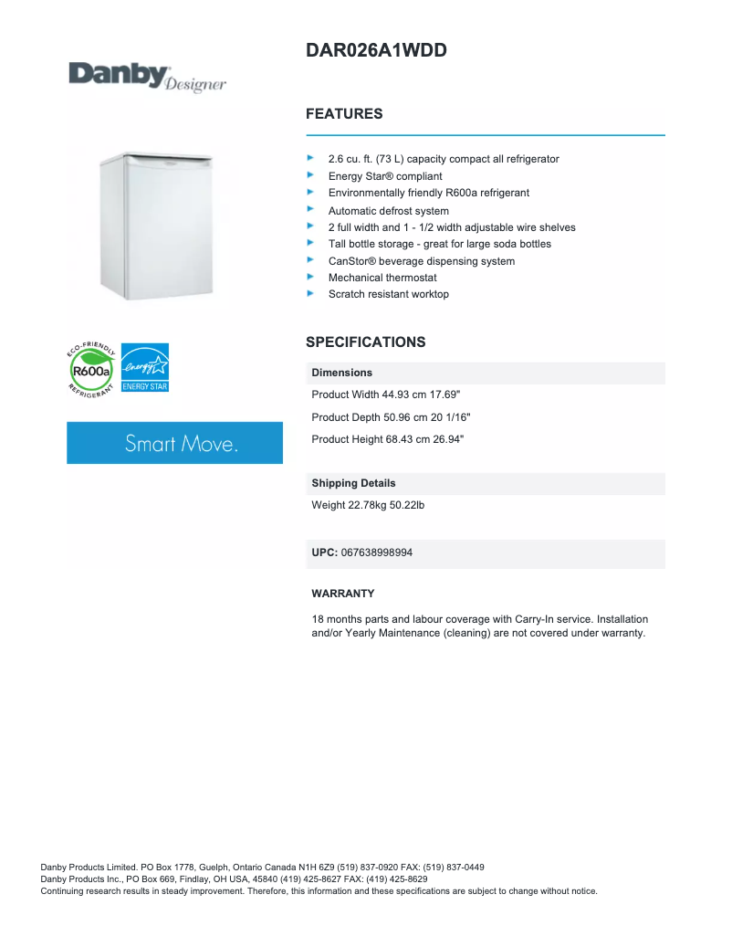 Page 1 de la notice Fiche technique Danby DAR026A1