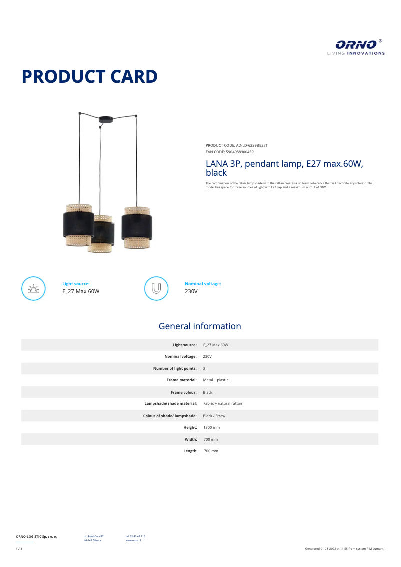 Page 1 de la notice Fiche technique Adviti AD-LD-6239BE27T